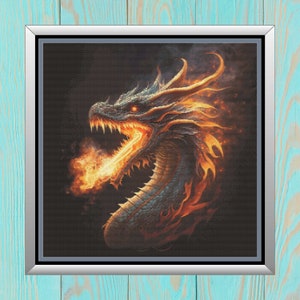 May include: A fiery dragon with orange and yellow flames coming from its mouth, set against a dark background.