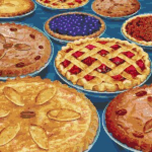 Può includere: Una varietà di torte di diversi gusti, tra cui mirtilli, ciliegie, noci pecan e mele. Le torte sono tutte in tortiere e sono disposte in cerchio su uno sfondo blu.