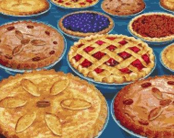 Perfect Pies Counted Cross Stitch Pattern - Thanksgiving Pie Pixel Art Pattern - Pumpkin Apple Cherry Pecan Blueberry Perler Bead Weaving