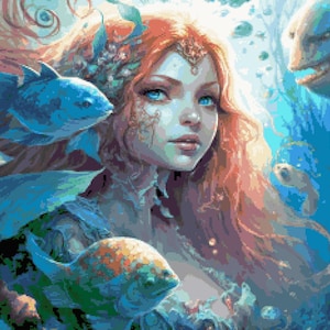 Fantasy Ocean Queen Cross Stitch Pattern, Beautiful Mermaid Woman Counted Needlework, Mythical Nereid Underwater Siren Fish, PDF Download