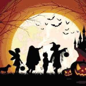Trick or Treat Counted Cross Stitch Pattern - Halloween Moon Jack-O-Lantern Cross-Stitch - Pumpkin PDF Download