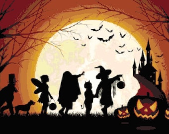 May include: Silhouettes of children dressed in Halloween costumes trick-or-treating under a full moon. A black dog walks beside them. A spooky castle and jack-o'-lanterns are in the background.
