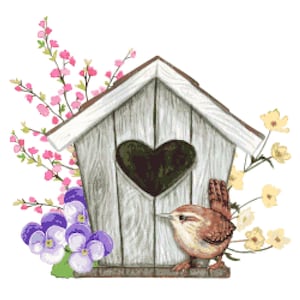 May include: A watercolor illustration of a birdhouse with a heart-shaped opening, surrounded by pink flowering branches, purple pansies, and yellow flowers. A small brown bird perches near the birdhouse, creating a charming, nature-themed design.