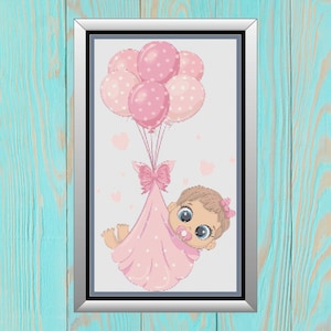May include: A pink and white baby girl is being lifted by pink and white balloons. She is wearing a pink dress and a pacifier. The background is white with pink hearts.