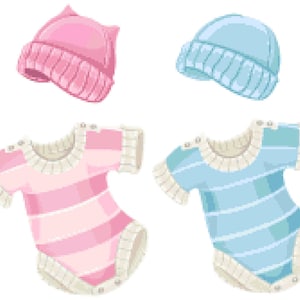 Può includere: Un set di vestiti per bambini, tra cui un body rosa a righe e un cappello rosa abbinato con orecchie da gatto. Sono mostrati anche un body blu a righe e un cappello blu abbinato. I vestiti per bambini hanno un bordo bianco.