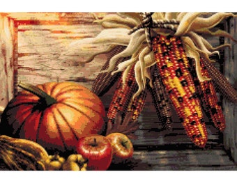 Harvest Scene Cross Stitch Pattern - Pumpkin Apples Corn Cross Stitch - Thanksgiving Scene (PDF Download Pattern)