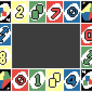 May include: A colorful frame of UNO cards with various numbers, colors, and symbols. The cards are arranged in a square frame with a black background.