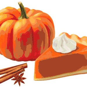 May include: A slice of pumpkin pie with whipped cream topping, a whole orange pumpkin, and cinnamon sticks with a star anise.