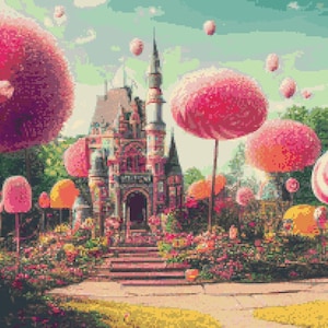 May include: A whimsical illustration of a pink and red castle with candy-like trees and a blue sky with floating candy.