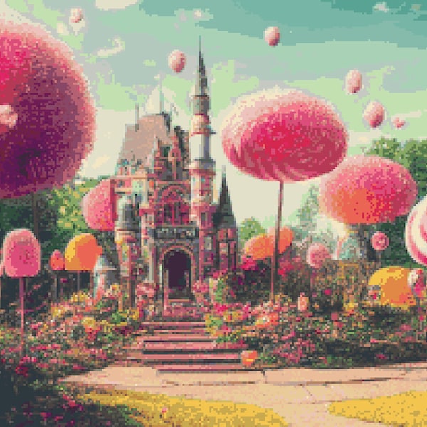 Candy Kingdom Counted Cross Stitch Pattern - Land of Sweets Cross-Stitch Pattern - Candies Desserts Lollipop Trees Pixel Art (PDF Download)