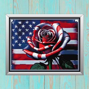 May include: A red, white and blue rose with the American flag as the background.