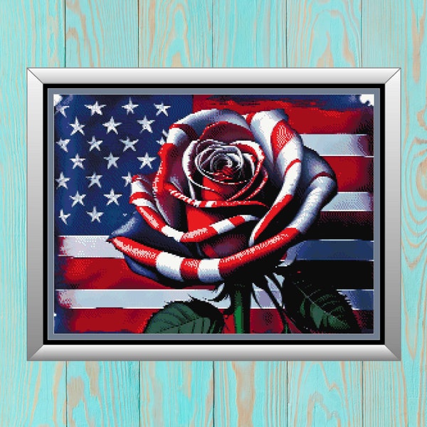 American Flag Rose Cross Stitch Pattern - USA Patriotic Flower Cross-Stitch - Pattern Keeper Compatible Chart - Digital Download PDF File