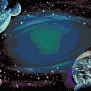 May include: Pixelated digital art of a space scene with planets and a nebula. The image features multiple planets in shades of blue, brown, and purple, set against a dark background filled with stars. A large, swirling nebula dominates the center.