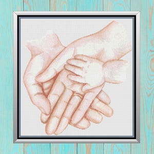 New Family Hands Cross Stitch Pattern, Mom Dad Child Newborn Baby Counted Needlework, Sketch Birth Announcement Mother Father, PDF Download