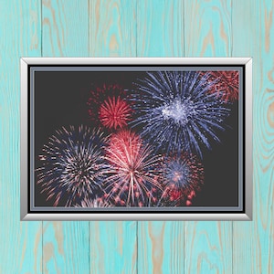Fireworks Cross Stitch Pattern, Patriotic 4th of July Counted Needlework, USA Independence Day New Year Eve Celebration Instant PDF Download