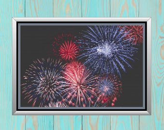 Fireworks Cross Stitch Pattern, Patriotic 4th of July Counted Needlework, USA Independence Day New Year Eve Celebration Instant PDF Download
