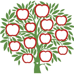 May include: A green tree with red apples. The tree has many branches and leaves. The apples are all the same size and shape, and they are all red with white centers.