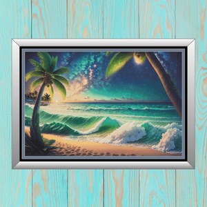 May include: A framed painting depicting a tropical beach scene with palm trees, turquoise water, and a starry sky.