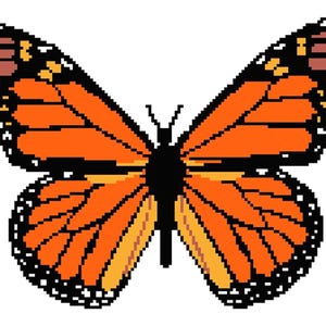 以下が含まれることがあります： モナーク蝶のピクセル化されたイラスト。 蝶は、黒い縁と静脈、白い点のあるオレンジ色の羽を持っています。 体は触角のある黒色です。