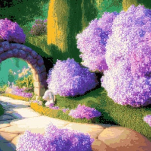 Lavender Garden Counted Cross Stitch Pattern - Lilac Bushes Cross-Stitch Pattern - Flower Garden Path Purple Trees PDF Download