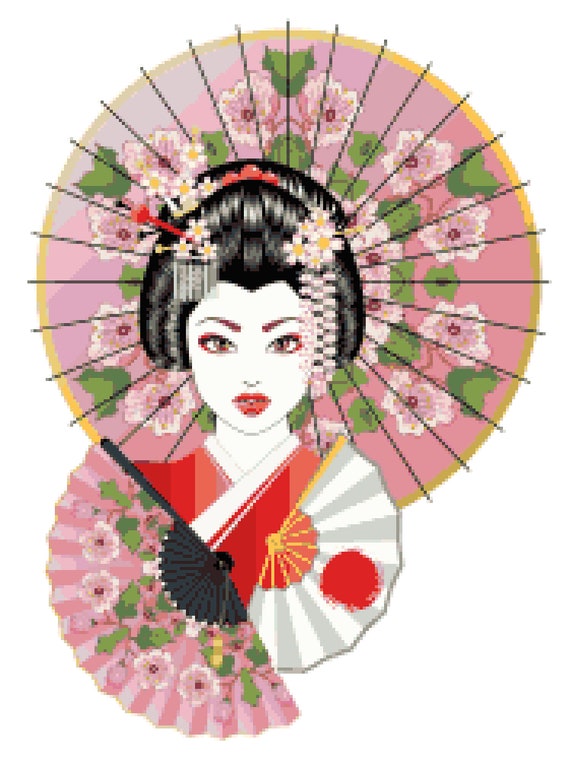 Art  Vintage Handmade Cross Stitch Japanese Geisha Girl W Fans