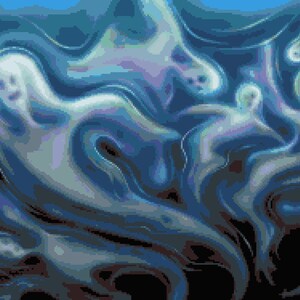 May include: Pixelated illustration of several ghostly figures in shades of blue and white, with a dark blue and black background. The ghosts have simple, smiling faces and flowing forms, creating a spooky, ethereal scene.