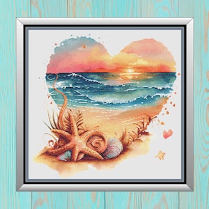 Padrão de ponto cruz de coração praiano - Arte em aquarela colorida - Gráfico compatível com Pattern Keeper - Download digital em PDF