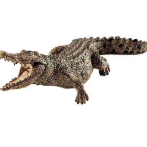 May include: A brown crocodile with its mouth open, showing its teeth. The crocodile is in mid-air, with its tail extended behind it.
