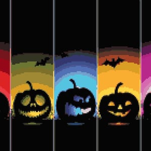 May include: Five jack-o'-lantern pumpkins with different colored backgrounds. The pumpkins are all black silhouettes with carved faces. The backgrounds are red, yellow, blue, orange, and pink.