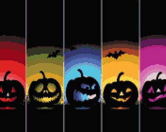 May include: Five jack-o'-lantern pumpkins with different colored backgrounds. The pumpkins are all black silhouettes with carved faces. The backgrounds are red, yellow, blue, orange, and pink.