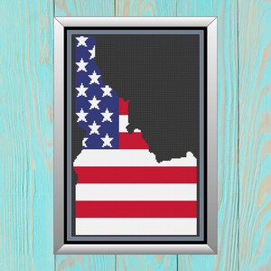 Korsstygnsmönster för karta över delstaten Idaho - USA, amerikansk flagga, räknat korsstygn - kompatibelt diagram med mönsterhållare - digital nedladdning i PDF-format