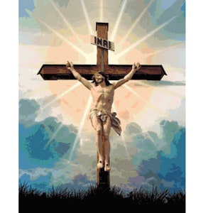 May include: A depiction of Jesus Christ on a wooden cross with a white background. The cross has a sign with the inscription "INRI" on it. The image is surrounded by a bright light.