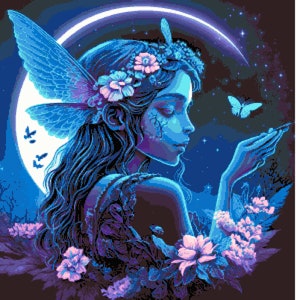 May include: A blue fairy with wings and a flower crown, surrounded by flowers and butterflies, against a dark blue background with a crescent moon.