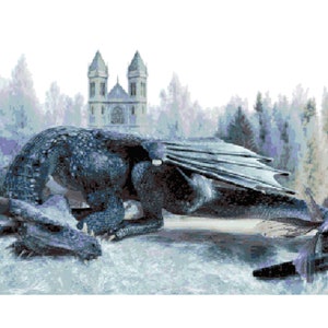 May include: A large, dark gray dragon with wings outstretched lies on a snowy, icy surface. The dragon's head is turned to the side, and its eyes are closed. In the background, a stone building with two towers is visible.