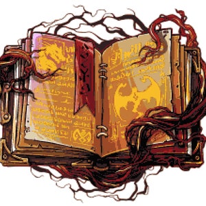 Peut inclure: Un livre relié en cuir de style vintage avec un marque-page en ruban rouge. Le livre est ouvert pour révéler des pages jaunies avec une écriture complexe et une illustration de dragon. Le livre est enveloppé de vignes et semble être magique.
