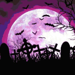 Puede incluir: Una escena espeluznante de Halloween con una gran luna llena rosa en el fondo. Siluetas de árboles y lápidas se encuentran en primer plano.