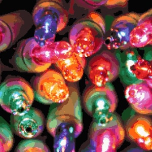May include: A string of colorful Christmas lights with red, green, blue, and orange bulbs. The lights are tangled together and appear to be lit.