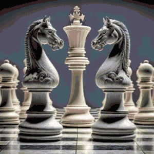 May include: A white chess queen stands in the center of a chessboard, flanked by two white knights. The knights are facing each other, with their heads tilted towards the queen. The chessboard is made of black and white squares.