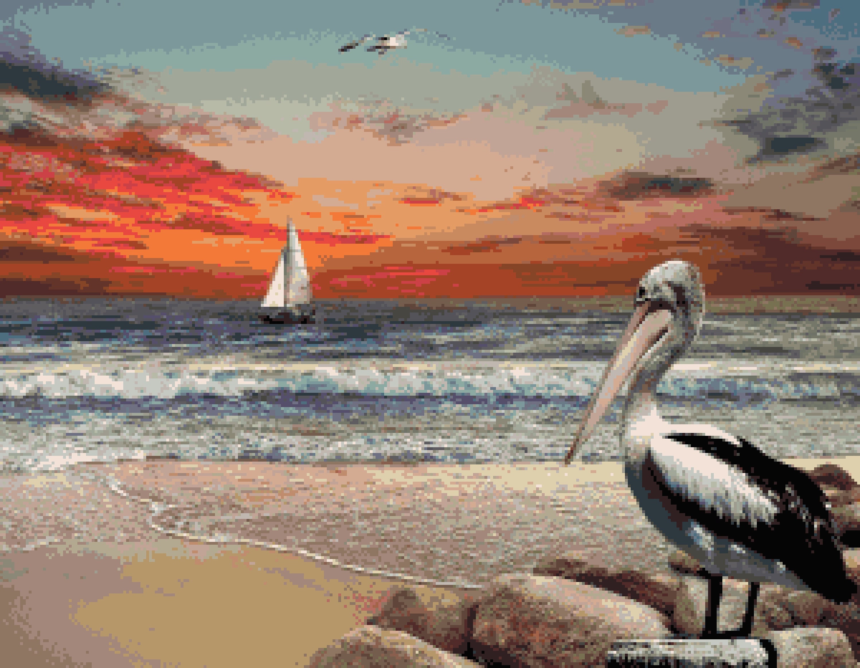 Tranquil Ocean Sunset Cross Stitch Pattern, Pelican Beach Landscape ...
