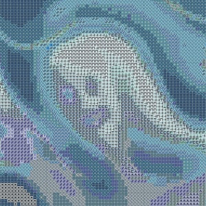 May include: Abstract digital art piece with a pixelated design. The artwork features a blend of blue, white, and purple hues, creating a textured, mosaic-like effect. The composition is reminiscent of a stylized landscape or a blurred, digital image.