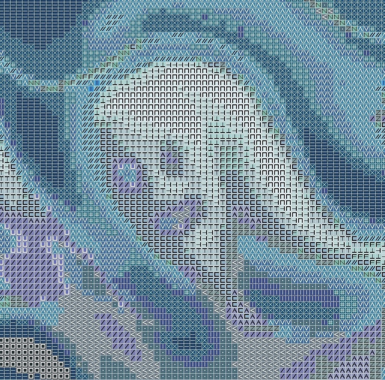 May include: Abstract digital art piece with a pixelated design. The artwork features a blend of blue, white, and purple hues, creating a textured, mosaic-like effect. The composition is reminiscent of a stylized landscape or a blurred, digital image.