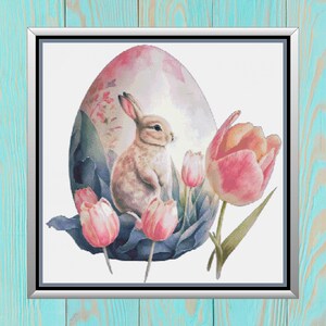 Easter Bunny Egg Tulips Cross Stitch Pattern, Cute Watercolor Rabbit Counted Needlework, Brightly Colored Holiday Decor Instant PDF Download