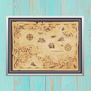 Carte au trésor pirate enterré, motif de point de croix, travaux d'aiguille comptés cartographe boucanier, chasse aventure amusante et fantastique sur un bateau, téléchargement PDF