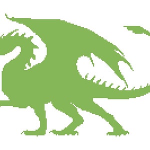 Pode incluir: Silhueta de dragão pixelizada verde sobre fundo branco. O dragão é retratado em perfil, com as asas abertas e uma garra levantada. O design é simples e gráfico, adequado para várias aplicações.