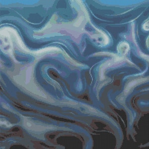 May include: A digital art piece featuring a group of ghostly figures in shades of blue and white. The figures have simple, smiling faces and are depicted in a flowing, ethereal style against a dark background.