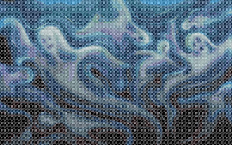 May include: A digital art piece featuring a group of ghostly figures in shades of blue and white. The figures have simple, smiling faces and are depicted in a flowing, ethereal style against a dark background.