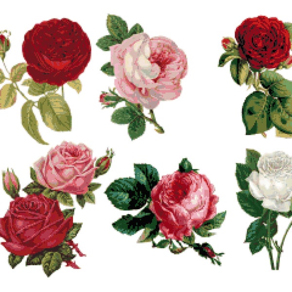 Vintage Roses Cross Stitch Pattern - Old Fashioned Flowers Counted Cross-Stitch Pattern - Red Pink White Rose Pixel Art (PDF Download)