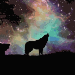 May include: Silhouette of a wolf howling at the night sky, which is filled with stars and a colourful nebula.