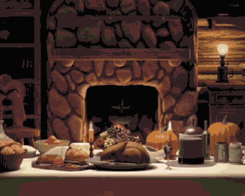Thanksgiving Table Scene Counted Cross Stitch Pattern Thanksgiving Dinner Setting Cross Stitch Turkey Pumpkin Pdf Download Pattern