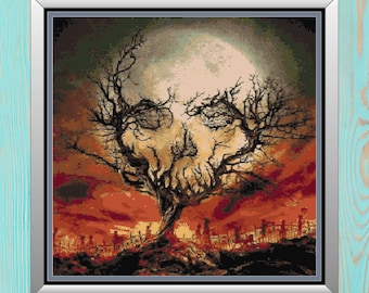 May include: A painting of a skeletal skull formed by the branches of a dead tree against a red and orange sunset sky.